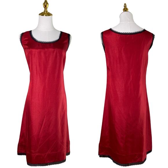 Vintage 60s Whimsigoth Silky Red Taffeta Black Lace Full Slip Dress Women Size M - Picture 1 of 9